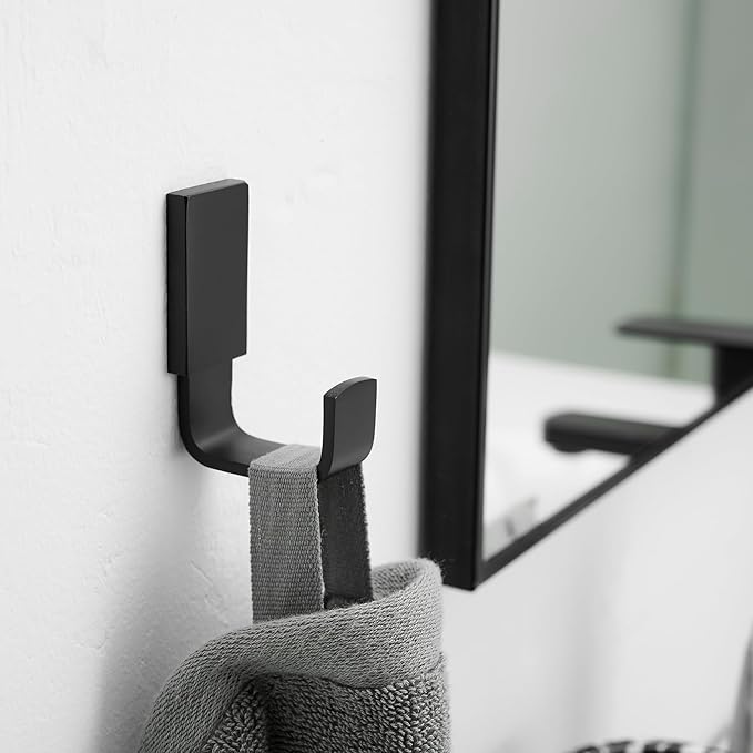 BESy Brass Clothes Hook Single Towel Hook for Bathroom Kitchen Garage Square Style Robe Hooks Coat and Hat Hook, Self Adhesive with Glue or Wall Mounted with Screws, Matte Black