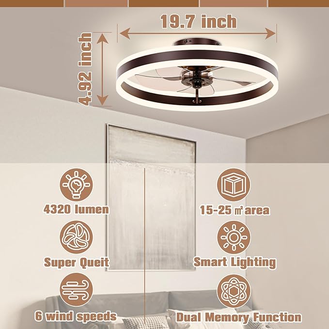 VOLISUN Low Profile Ceiling Fans with Lights and Remote, 19.7in Flush Mount Ceiling Fans with Light, 3000K-6500K Dimmable Fandelier LED Fan Light, Brown Bladeless Ceiling Fans with Lights for Bedroom