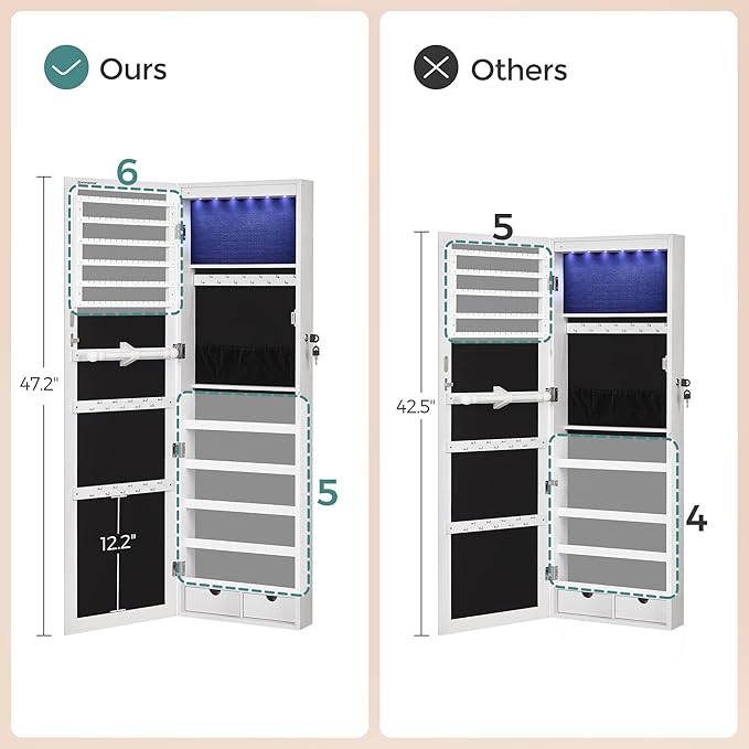 SONGMICS 6 LEDs Mirror Jewelry Cabinet, 47.2-Inch Tall Lockable Wall or Door Mounted Jewelry Armoire Organizer with Mirror, 2 Drawers, Christmas Gift, 3.9 x 14.6 x 47.2 Inches, White