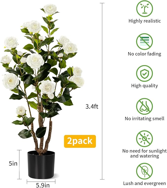 Artificial Camellia Tree 2 Pack, Artificial Plants Outdoor Faux Floral Plant in Cement Pot Fake White Silk Camellia Tree Plants for Home House Living Room Office Decor (White)