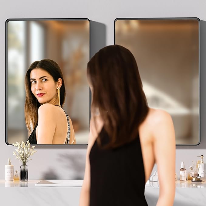 Hasipu 2 PCS Bathroom Mirror for Wall, 36 x 30 Inch Black Metal Framed Bathroom Mirrors for Over Sink, Rectangle Bathroom Vanity Mirror, Anti-Rust, Tempered Glass, Horizontal or Vertical