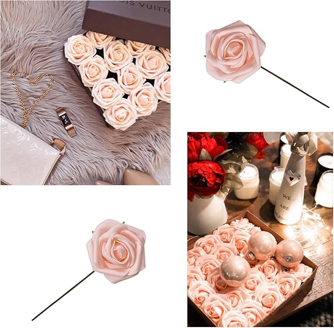 Artificial Flowers 25pcs Fake Roses, Pink Foam Rose Faux Flower for DIY Wedding Bouquets Bridal Shower Centerpieces Floral Arrangements Home Decorations Party Backdrops Table
