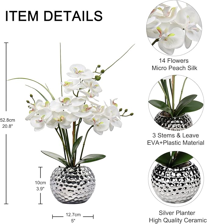 Oairse Artificial White Phalaenopsis Orchid Flower Arrangements 20.8" Faux Orchid Flower in Silver Pot Orchid Centerpiece for Dining Room Table