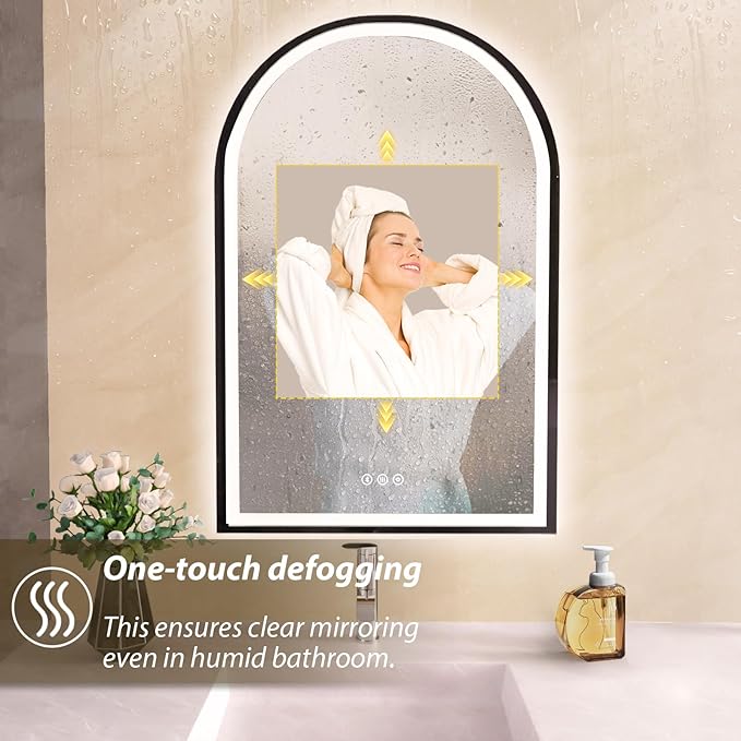24x36 Inch Led Mirrors for Bathroom, Arch Vanity Mirror with Lights, Wall-Mounted Mirror with Bluetooth Speaker, Anti-Fog, Memory Function, 3 Color Temperature, Dimmable