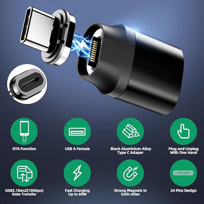USB C to USB Magnetic Adapter 24Pins USB C Male to USB A Female Adapter 2 Pack with PD 60w Charge 10Gbps USB3.1/USB3.0 for MacBook Pro/Air and More Type C Devices