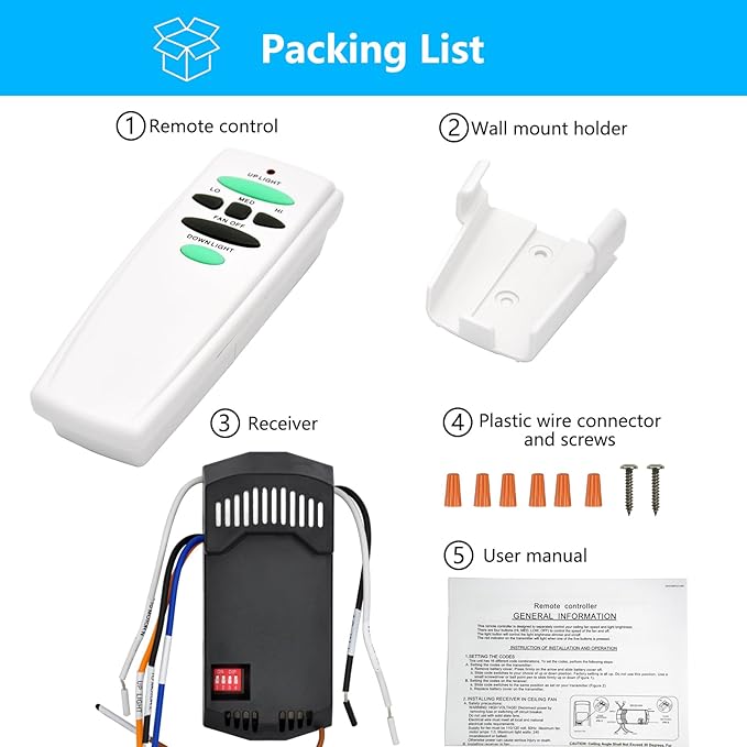 Universal Ceiling Fan Remote Control Kit with Up Down Light Controls Replacement for Hampton Bay Hunter Harbor Breeze,w/Receiver Dimmer 3-Speed,Replace for UC7078T CHQ7078T UC7083T CHQ7083T Fan-HD