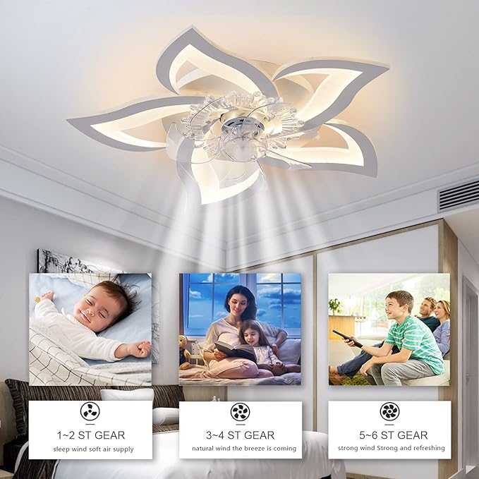 Low Profile Ceiling Fan with Lights,110v Modern Dimmable Flower Shape, Remote Control/app Control,Timing 6 Gear Speeds Fan Ceiling Lamp.