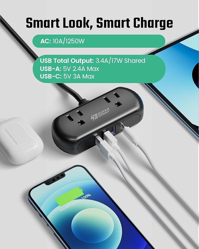 SUPERDANNY Power Strip with USB, 9.8ft Mini Desktop Charging Station with 2 Wide-Spaced Outlets & 4 USB Ports, Portable Flat Plug Extension Cord for Travel, Dorm, Room, Home Office Essentials, Black