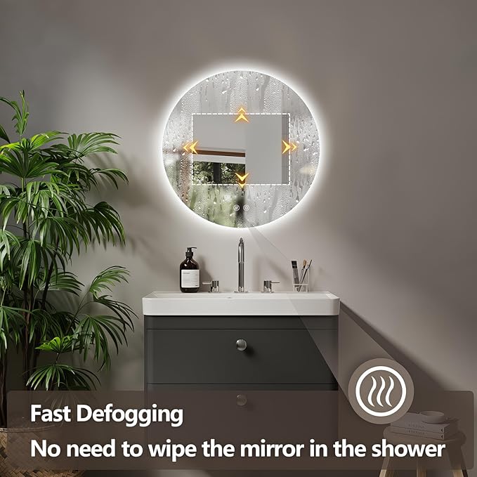 Niccy Round Led Mirror for Bathroom, 24" Circle Frameless Backlit Mirror wiht Light, Anti-Fog, 3 Colors, Waterproof, Memory Function