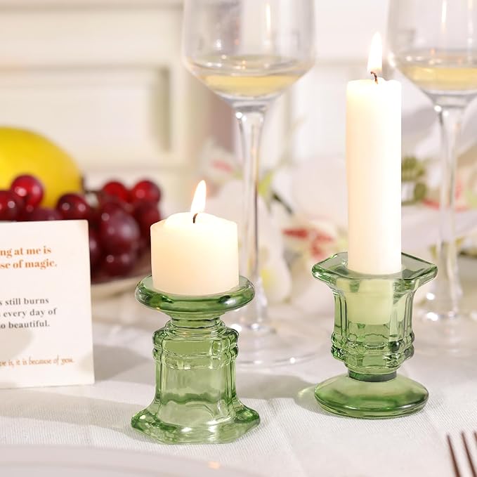 Green Candlestick Holders Bulk, 12 Pcs Glass Candle Holders Set,Crystal Taper Candle Holder for Wedding, Table Centerpiece, Home Decoration