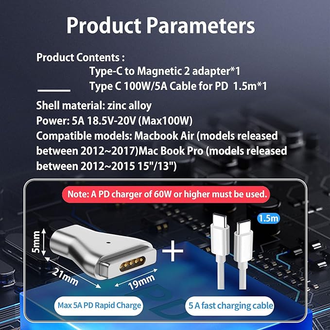 Magnetic USB C to Magnetic 2 T-Tip Adapter, Type-C to Safe 2 T-Head PD 100W Power Fast Charging Converter for 2013-2015 MacBook Pro Air with 100W/5A USB C Cable (1.5M)
