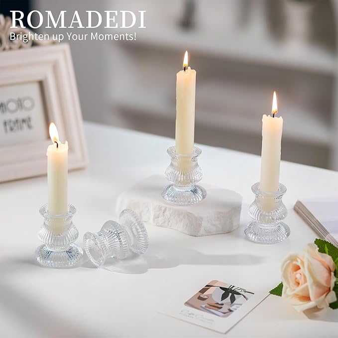 Romadedi Glass Candle Holder for Candlestick - 2 Pcs Clear Small Tapered Candle Holder Decor Wedding Table Centerpiece for Candle Sticks Christmas Party Living Room Dinner Advent