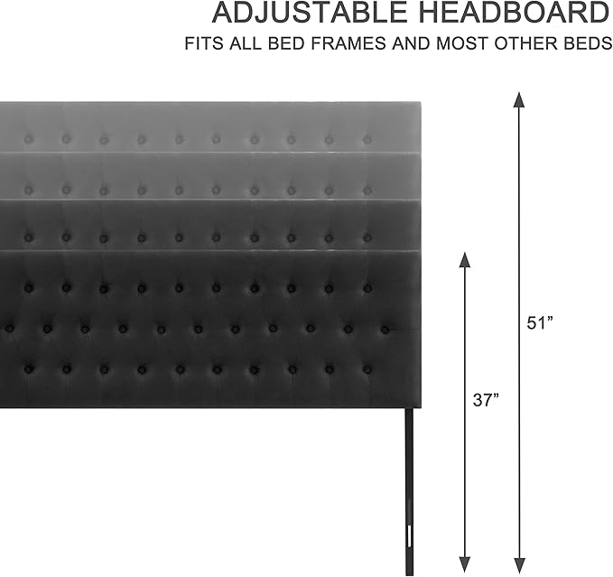 Tufted Upholstered Headboard Queen Size, Solid Wood Head Board with Durable Metal Legs, Adjustable Height Bed headboard from 37” to 51” Fabric Headboard in Modern Button Design (Black)