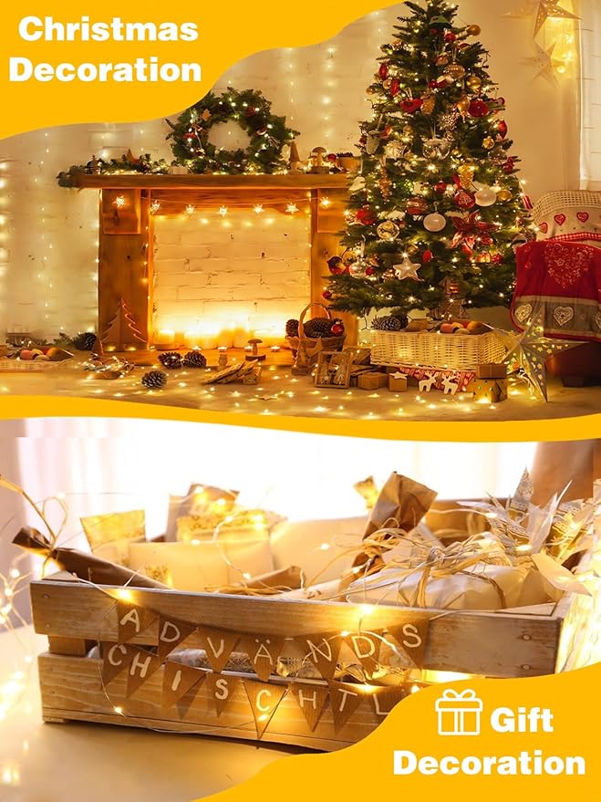 2 Pack 60 LED Christmas Fairy Lights Battery Operated with Timer, 20FT Waterproof Twinkle Lights Indoor Outdoor, String Lights for Bedroom, Wedding, DIY, Centerpiece, Christmas Decorations(Warm White)