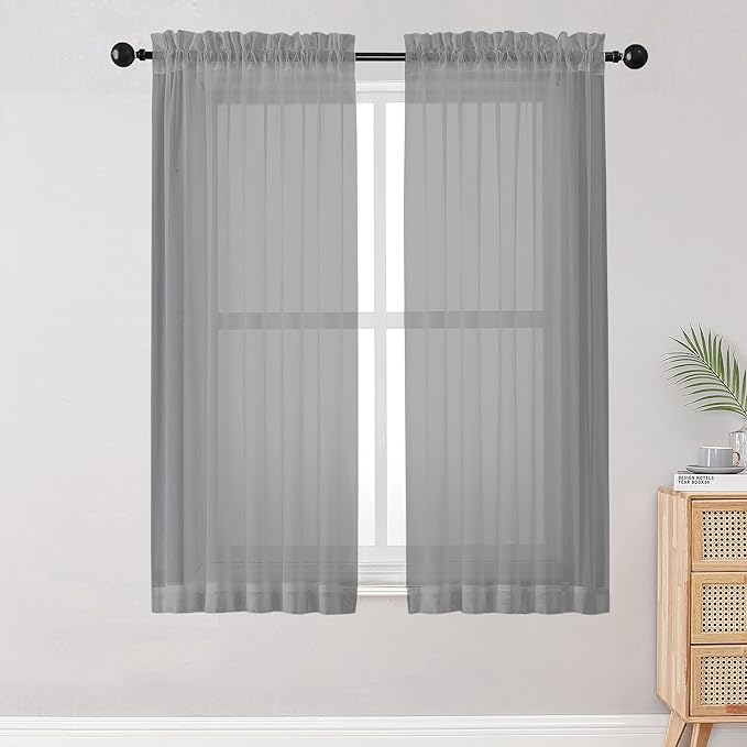 OWENIE Sheer Curtains Living Room 54 inches Long, Rod Pocket Curtain Sheers Bedroom, Light Filtering Voile Panels Drapes Small Window Treatments 2 Panels, 42" W x 54" L, Grey