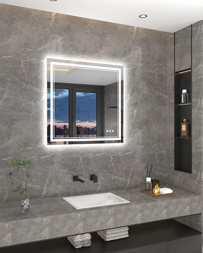 36x36 Inch LED Bathroom Mirror with Lights, Square Lighted Vanity Mirror for Bathroom Wall Mounted with Ample Illumination of 1 Backlit + 2 Front Lits, Defogging, Stepless Dimmable, Tempered Glass