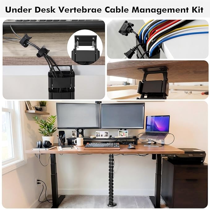 Yaomiao 4 Pack Under Desk Vertebrae Cable Management Kit Standing Desk 48'' Adjustable Quad Entry Flexible Cord Organizer with Ties, Stick-on Clips Cable Management Set for Home User Office Worker