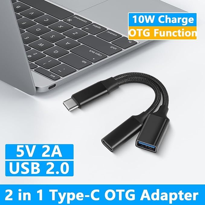 GELRHONR USB C OTG Charging Adapter, 2 in 1 Type-C Splitter With 10W Charging and USB A Female Port, Short Extension Cable for Most Type-C Phones, Fan, Printer (Black)