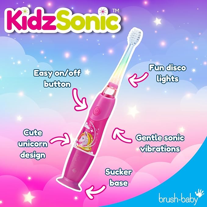 Brush-Baby - KidzSonic Unicorn Kids Electric Toothbrush, Ages 3+ Years - DeepClean Bristles, Suction Base - Fun Design with Flashing Lights - 2 x Replacement Heads & 1 x AAA Battery