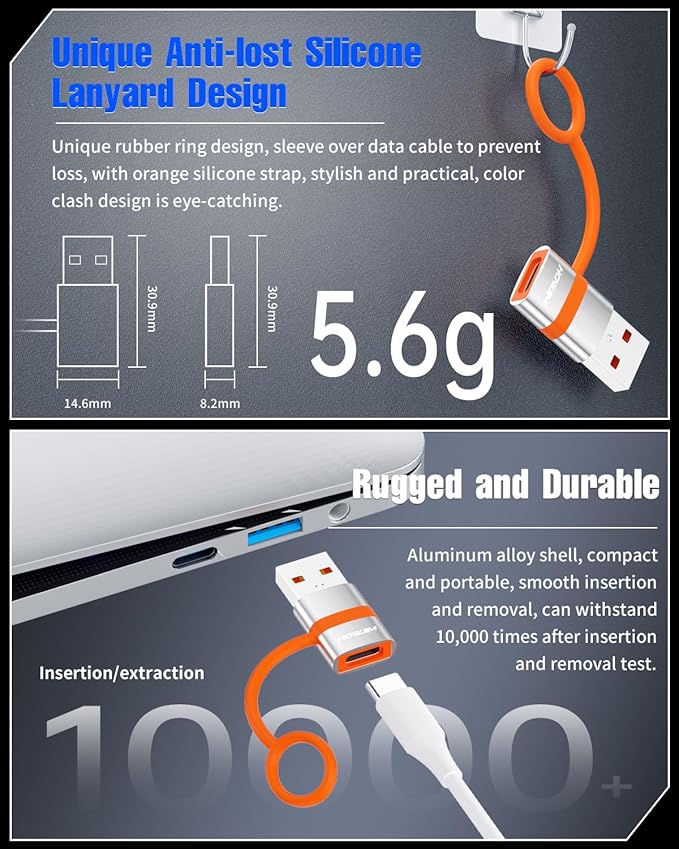 USB to USB C Adapter 2Pack,USB C Female to USB 3.0 Male Adapter,3A Fast Charging 5Gbps Data Transfer for M-acBook,Phone 15 16 17,Pad,A-pple Watch,A-irpods,M-agSafe,G-alaxy,Anti-lost Loop Silver