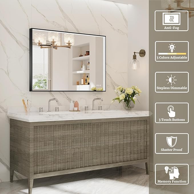 40x28 Inch LED Bathroom Mirror, Black Metal Framed Lighted Mirror for Bathroom, Wall Mouted LED Vanity Mirror with Lights, 3 Colors and Stepless Dimmable, Anti-Fog, Memory