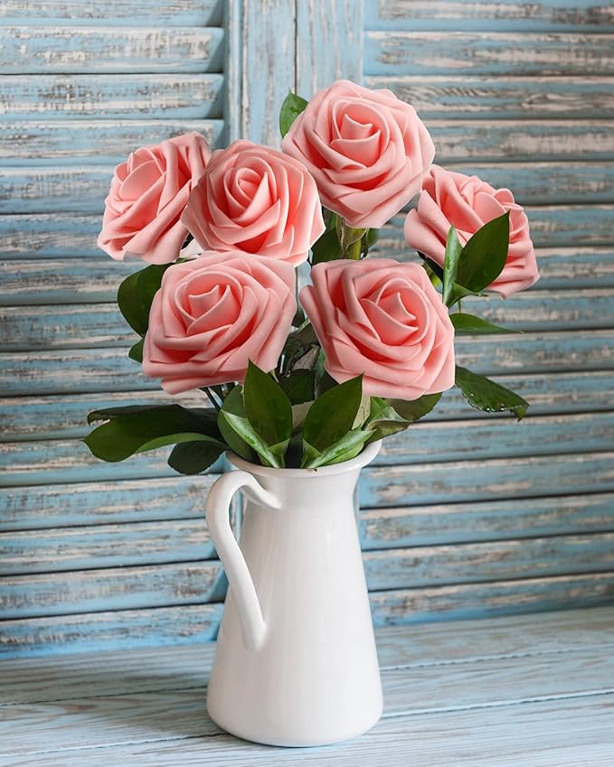 JOYLEX Artificial Flowers Realistic Roses, 25pcs Pink Real Looking Fake Roses with Stem for DIY Wedding Bouquets Centerpieces Bridal Shower Party Home Romantic Decorations (25pcs, Pink)