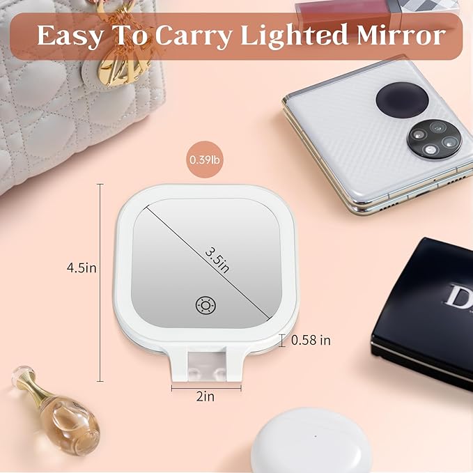 FASCINATE 10X Magnification Compact Travel Makeup Mirror with Lights and Magnification, 3.5 inch Portable 1X/10X Magnifying Mirror with 3 Color Light, Folding, Handheld (White)