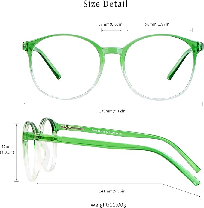LifeArt Round Blue Light Blocking Glasses, Computer Glasses, Gaming Glasses, TV Glasses for Women Men (Clear Green, 2.50 Magnification)