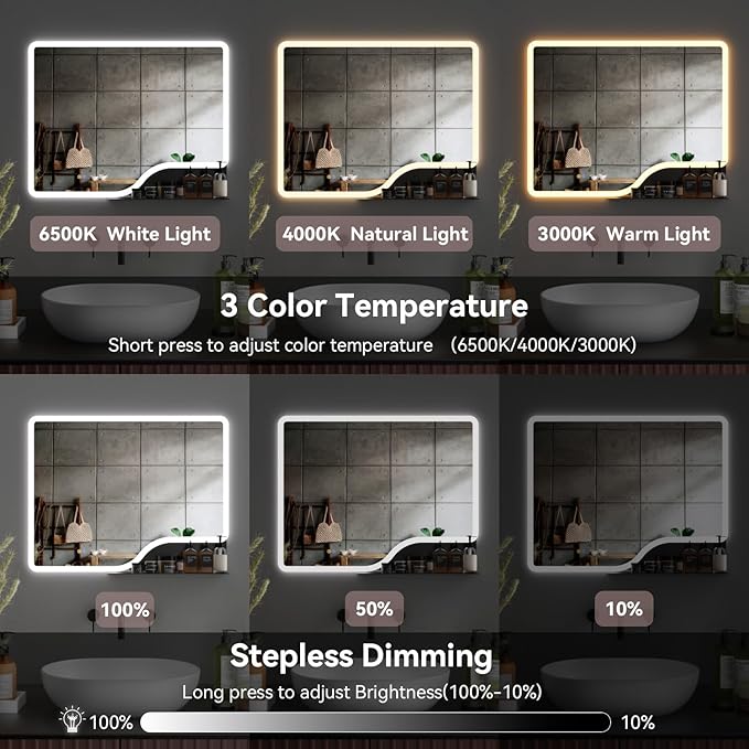 32"x 24" LED Bathroom Mirror with Shelf, 3 Colors Backlit Vanity Mirror with Lights, Wall-Mounted Bathroom Mirror with Lights, Smart Mirror with Anti-Fog, Stepless Dimmable, Memory (UL, ETL)