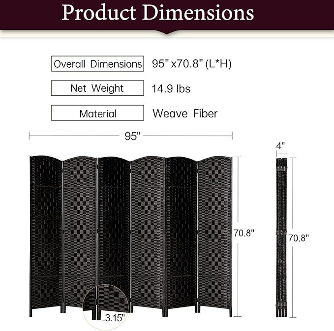 Rose Home Fashion 6 ft Tall Room Divider, Room Dividers and Folding Privacy Screens, 15.7in Privacy Screen 6 Panel Partition Temporary Wall Separation for Private, Black