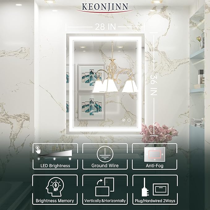 Keonjinn LED Bathroom Mirror with Lights, 28 x 36 Inch Front Lighted Vanity Mirror, HD Tempered Glass, UL-Listed LED Driver, Anti-Fog, 6000K Dimmale, Memory Function, Easy Installation