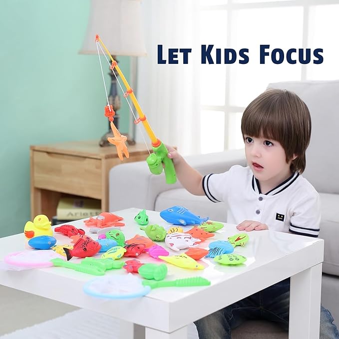 CozyBomB™ Magnetic Fishing Toys Game Set for Kids | Water Table Bathtub Kiddie Pool Party & Pole Rod Net, Plastic Floating Fish Toddler Color Ocean Sea Animals Birthday Age 3 4 5 6 Year