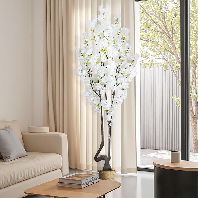 7.2 ft White Artificial Cherry Blossom Tree for Home Decor, Nearly Nature Faux Silk Flower Tree Indoor, Fake Realistic White Flowering Plant for Living Room Wedding Office Decorations