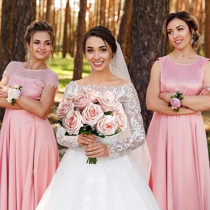 Artificial Roses Bouquets - 8 Bundles Fake Silk Flowers Realistic Faux Florals Bulk for Wedding Bridal Party Baby Shower Event Home Arrangements Centerpieces Decorations (Pink)