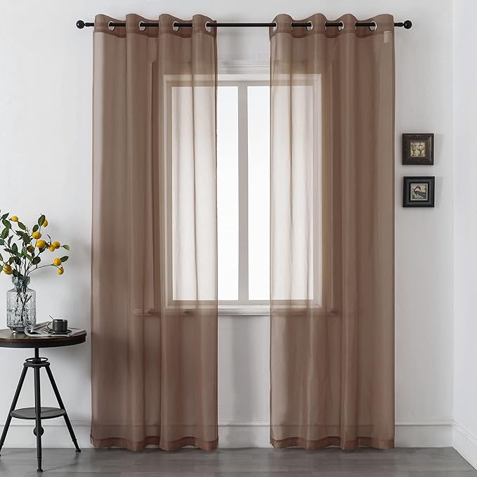 DUALIFE Chocoalate Brown Sheer Curtains 108 Inches Long Voile Panels Drapes Grommet Curtain Sheers for Living Room Transparent Bedroom Light Filtering Window Treatments 2 Panels 52x108 Inch Dark Brown
