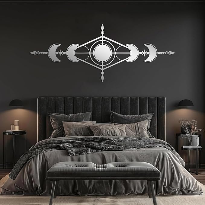 Hfrolixit Moon Phase Metal Wall Decor, Boho Moon Metal Wall Art, Celestial Wall Decor, Scandinavian Natural Wall Art, Astrology Wall Hanging (Silver, 41"x17"/105x42cm)