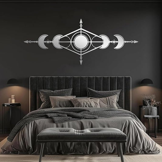 Hfrolixit Moon Phase Metal Wall Decor, Boho Moon Metal Wall Art, Celestial Wall Decor, Scandinavian Natural Wall Art, Astrology Wall Hanging (Silver, 59"x24"/150x60cm)