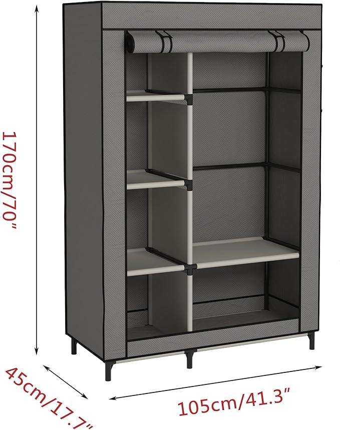 Buzowruil Portable Closet Wardrobe - 6-Shelf Storage with Hanging Rail, Non-Woven Fabric, Dust-Resistant, Easy Assembly, Space-Saving Design, Grey