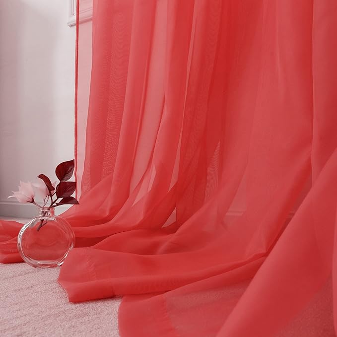 HUTO Christmas Red Sheer Voile Curtains 84 inches Long for Baby Wedding Party Backdrop Rod Pocket Window Sheer Panels Drapes for Bedroom Nursery Living Room 2 Panels 52 Inch Width by 84 Inch Length