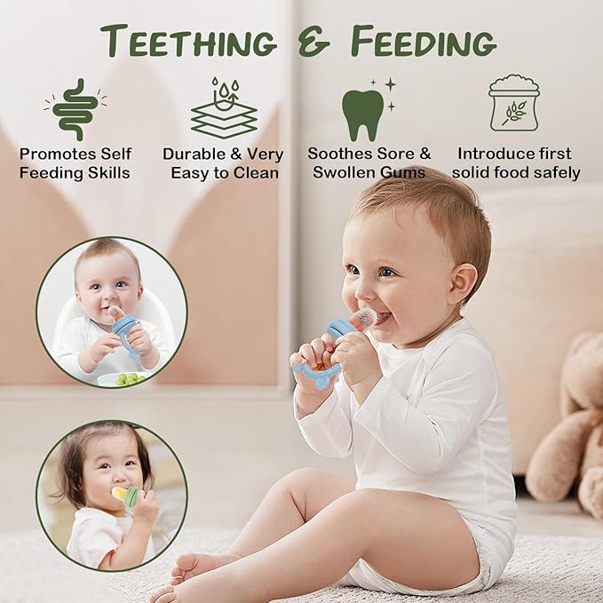 Baby Breastmilk Popsicle Molds & Baby Fruit Feeder (6 Pack), WAJIAYON Baby Food Freezer Tray Storage Containers, Silicone Teething Pacifier Feeder and Teether for Babies,Moss and Fawn Baby Feeder