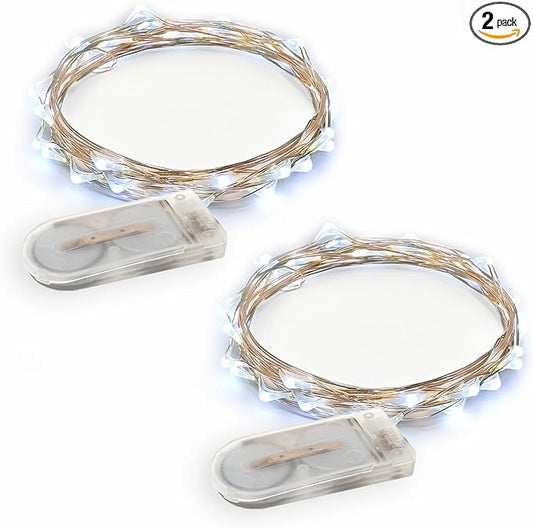 2 Sets 20 LEDs Cold White Color String Lights Silver Wire Indoor and Outdoor 6.5 Feet Firefly Starry Fairy Lights Battery Powered for DIY, Christmas, Holidays, Party, Bedroom and Centerpieces