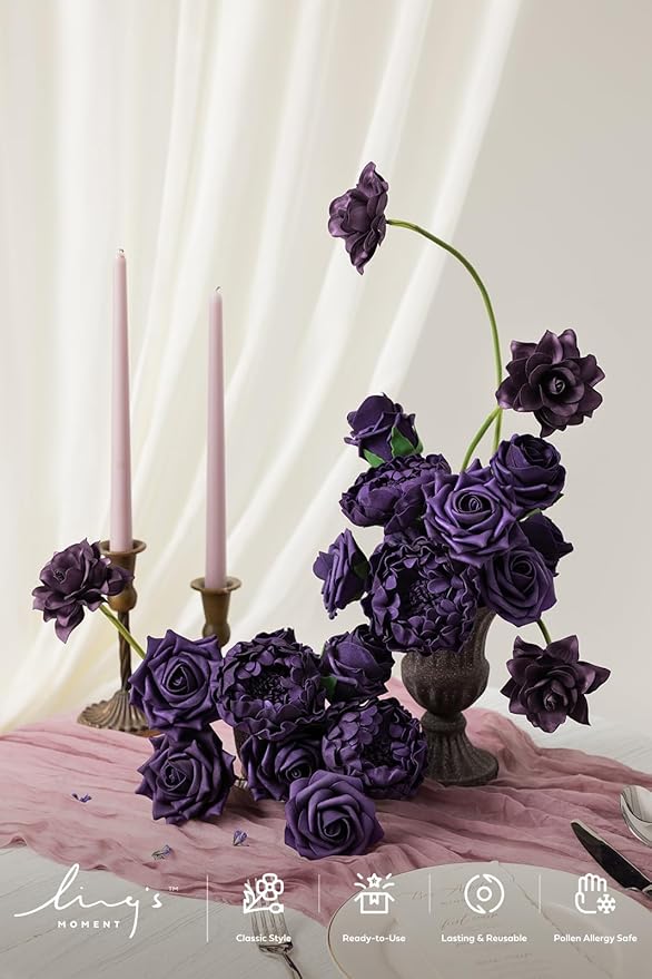 Ling's Moment Artificial Flowers Fake Roses Faux Peony Foam Gardenia Combo for DIY Wedding Bouquets Centerpieces Arrangements Bridal Shower Party Home Decorations, Purple, 23pcs