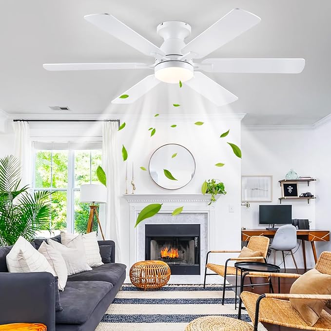 Ceiling Fans with Lights- 52" Low Profile Indoor Ceiling Fan with Light and Remote/APP Control, Flush Mount, 6 Blade, LED Dimmable DC Reversible Modern Ceiling Fan for Bedroom（White）