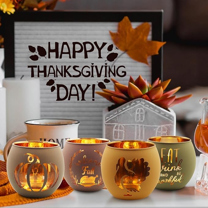 SHMILMH Thanksgiving Votive Candle Holder Set of 12, Glass Tealight Votives Holder with 6 Laser Engraving Patterns, Fall Table Centerpiece Indoor Outdoor Decor