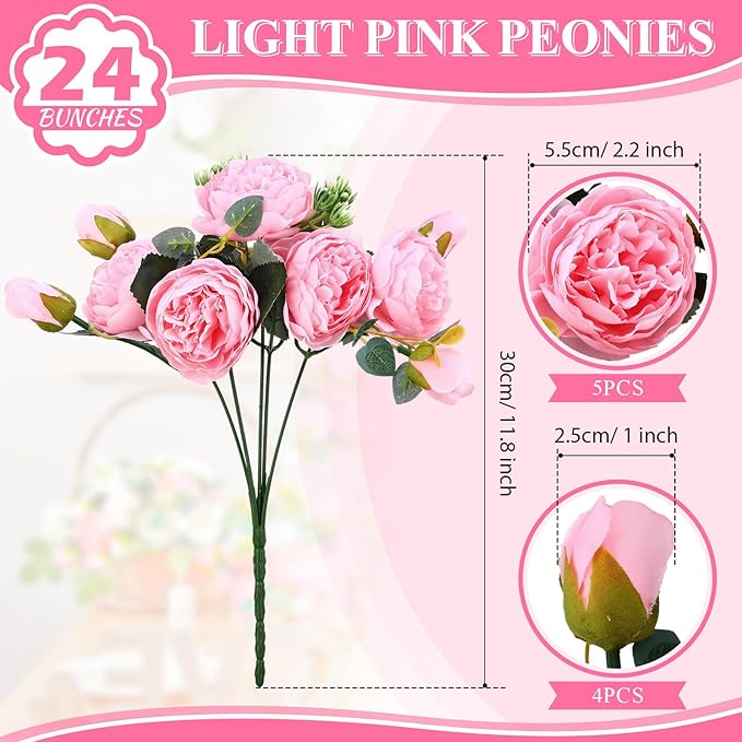 Hoteam 24 Bundles Artificial Peonies Flowers Wedding Faux Flowers Silk Peony Bouquet Bulk Bride Fake Florals Arrangements for Table Centerpieces Wedding Party Vase Decor (Light Pink)