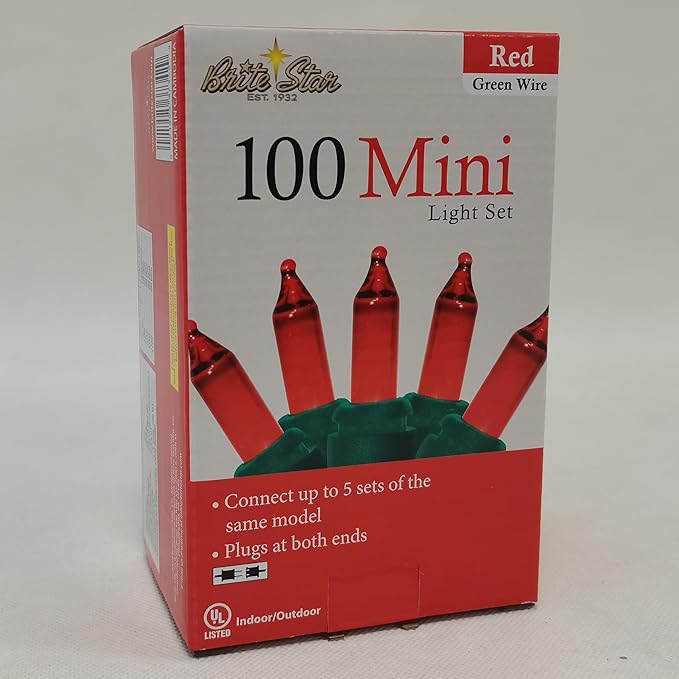 Brite Star 100 Count Mini String Christmas Lights, Red - 22 feet Indoor/Outdoor Christmas Tree Lights with Green Wire (Set of 2)