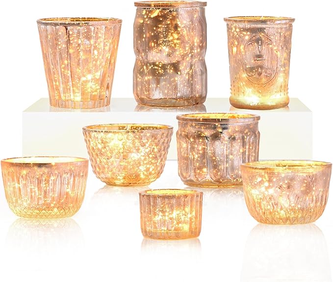 DN DECONATION 8PCS Gold Mercury Glass Candle Holder, Assorted Mercury Glass Votive Candle Holders, Vintage Tea Light Candle Holder for Wedding, Parties, Centerpieces, Decorations