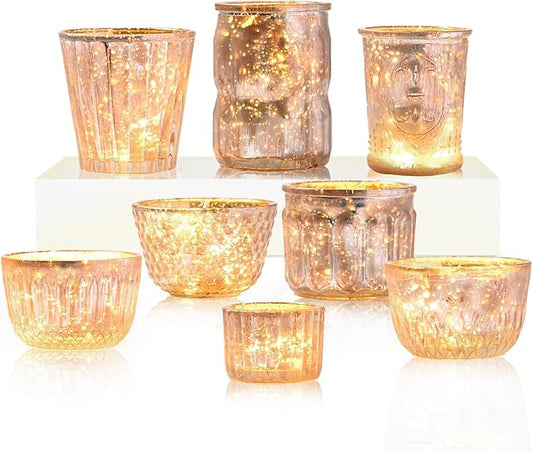 DN DECONATION 8PCS Gold Mercury Glass Candle Holder, Assorted Mercury Glass Votive Candle Holders, Vintage Tea Light Candle Holder for Wedding, Parties, Centerpieces, Decorations