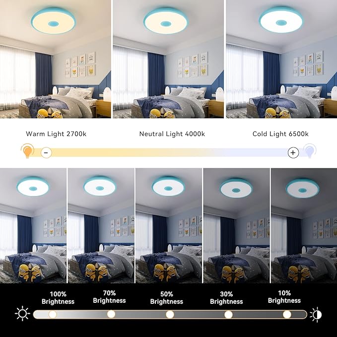 Sky Blue Waterproof LED Ceiling Light Fixture,Music Ceiling Lamp,with Bluetooth Speaker,11Inch 18W, 2700K-6500K Dimmable RGB Color Changing Light with Remote Control,Suitable for Boys' Room