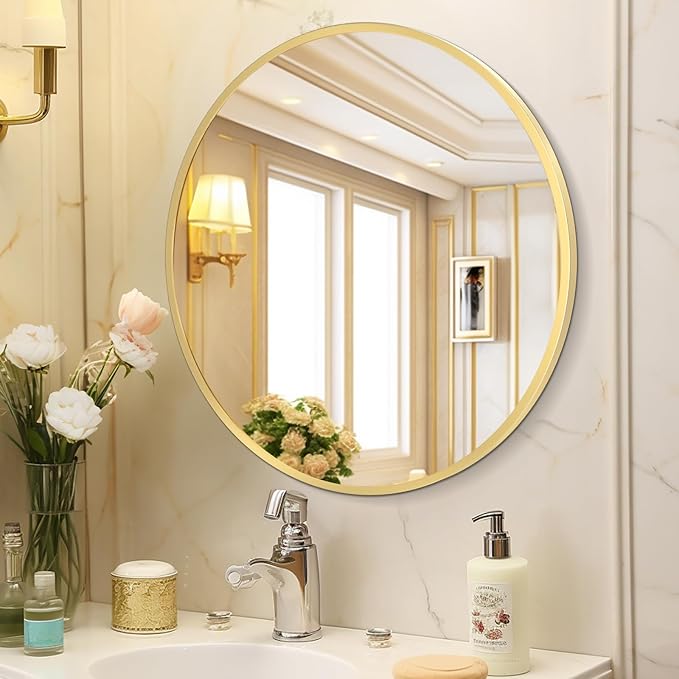 HARRITPURE 24 Inch Round Mirror, Gold Circle Bathroom Mirror, Modern Aluminum Alloy Frame Wall Mounted Vanity Mirror for Living Room, Bedroom, Entryway